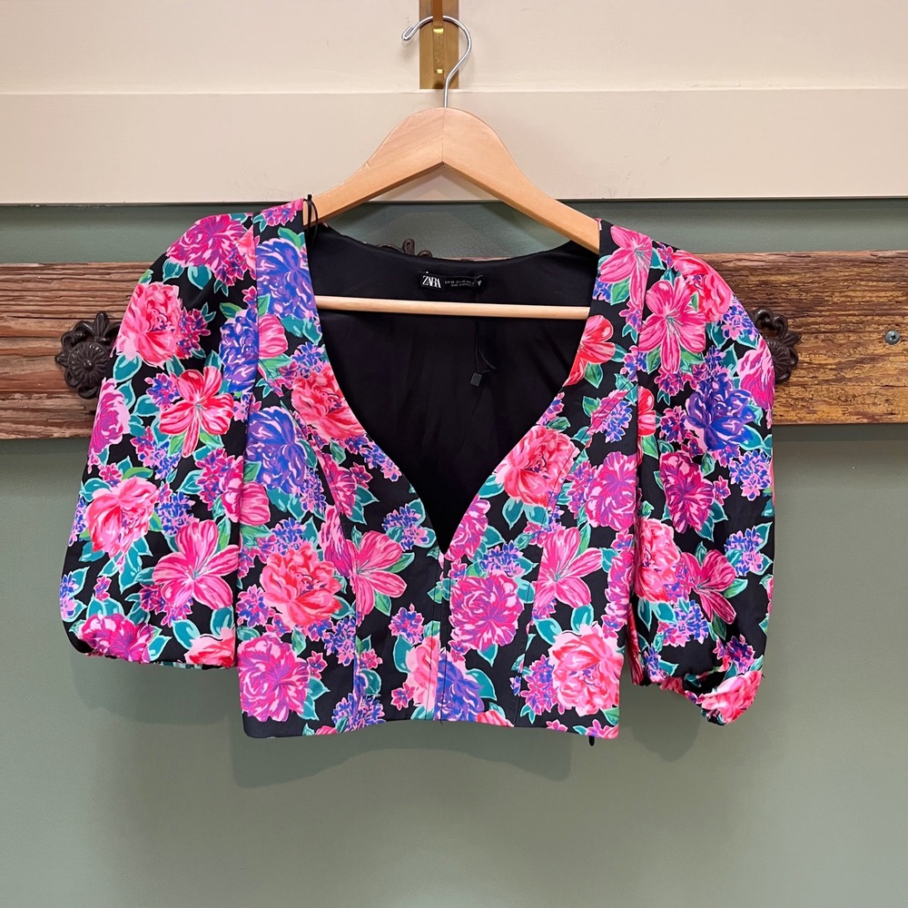Zara Womens XS Floral Puff Sleeve V-Neck Crop Top Black Pink Purple Botanical